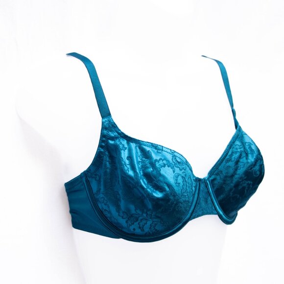 Vtg Vanity Fair 36C Teal Blue Jacquard Satin Unlined Underwire Bra 75044 NWOT - Picture 2 of 9